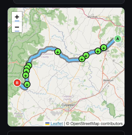 GasTab trip map with route, start and end markers, and hard acceleration markers.